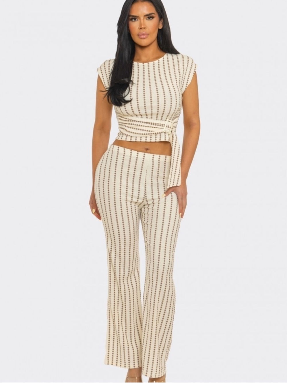 Julia by Love J cream brown outfit with belt. Stretchy pull on.
